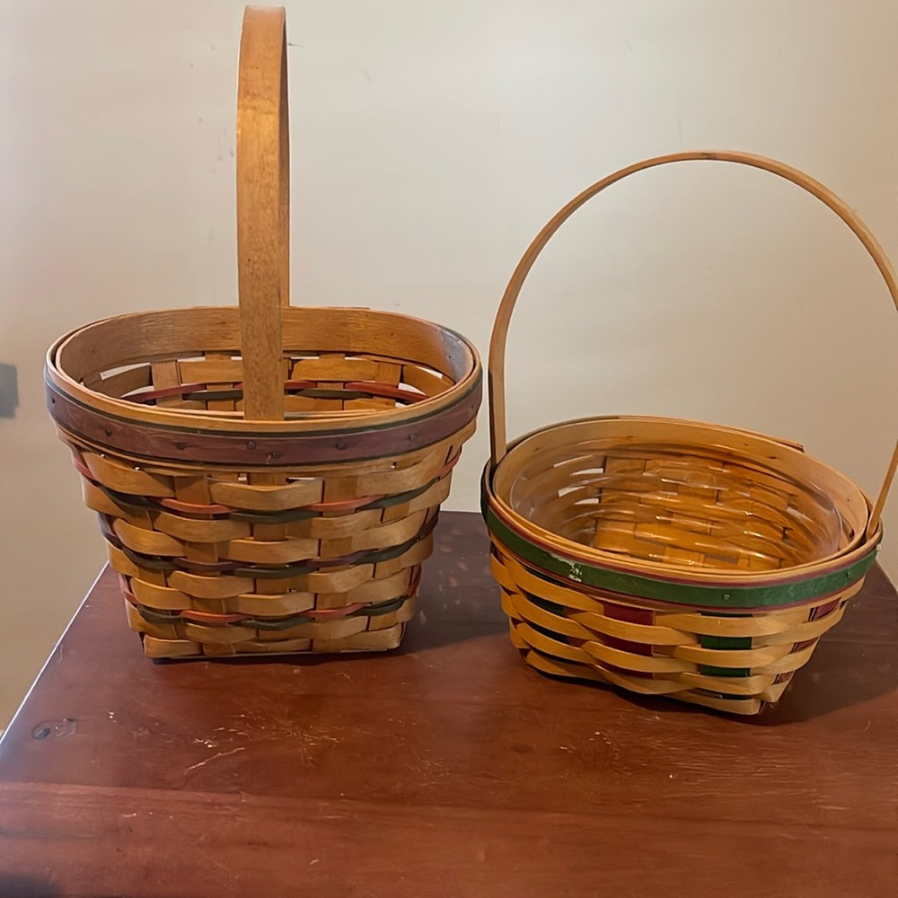 2- Longaberger Baskets W/ Red & Green Strips 1999 & 1995 w/Plastic Liner